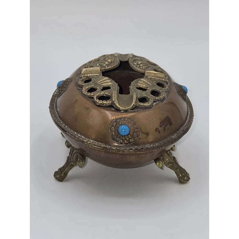 Hollywood Regency Copper Brass Ashtray Turquoise Cabochons Footed Tobacciana